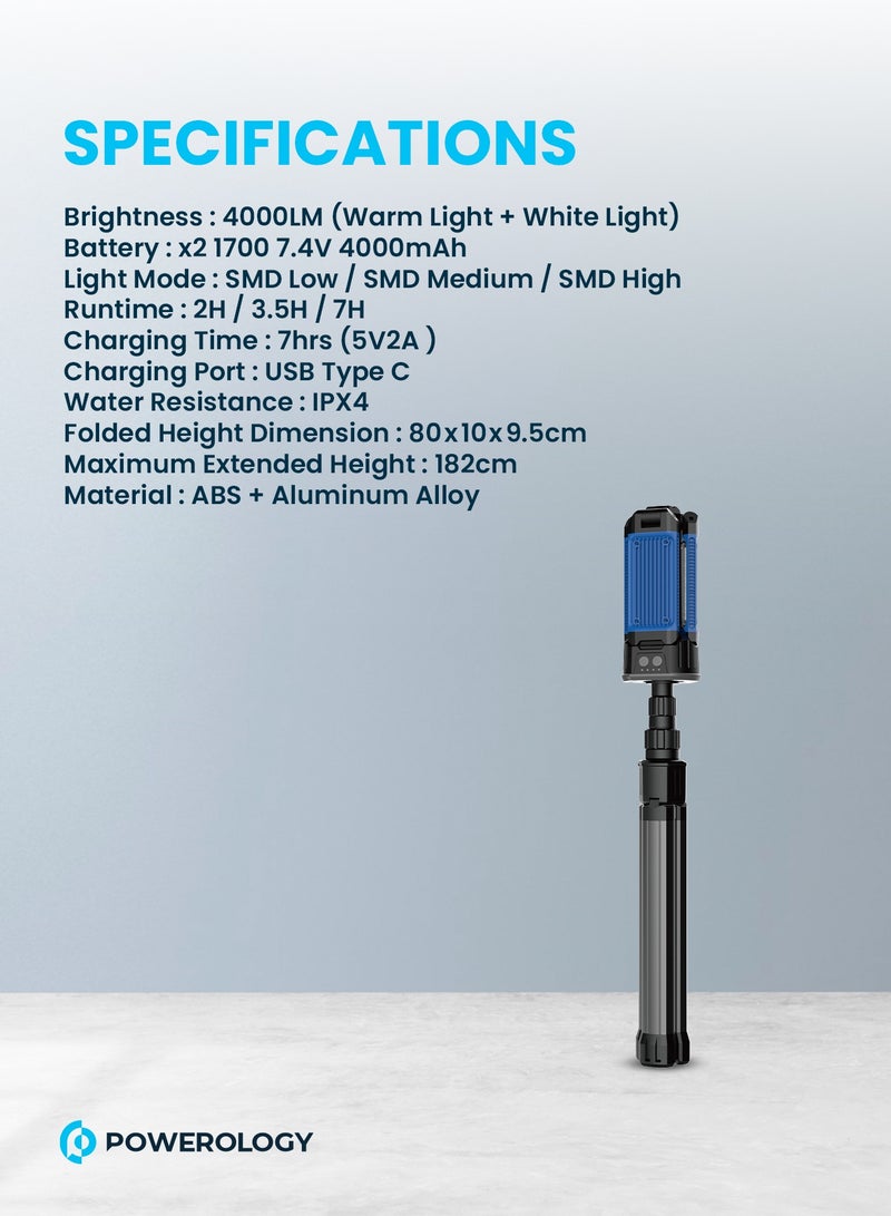 باورولوجي إضاءة تخييم 4000LM مع حامل ثلاثي قابل للفصل، سعة بطارية 4000mAh، قاعدة مغناطيسية، ارتفاع يصل إلى 182 سم، مقاومة للماء بتصنيف IPX4، أوضاع إضاءة متعددة (دافئ وأبيض)، أسود - Image 3