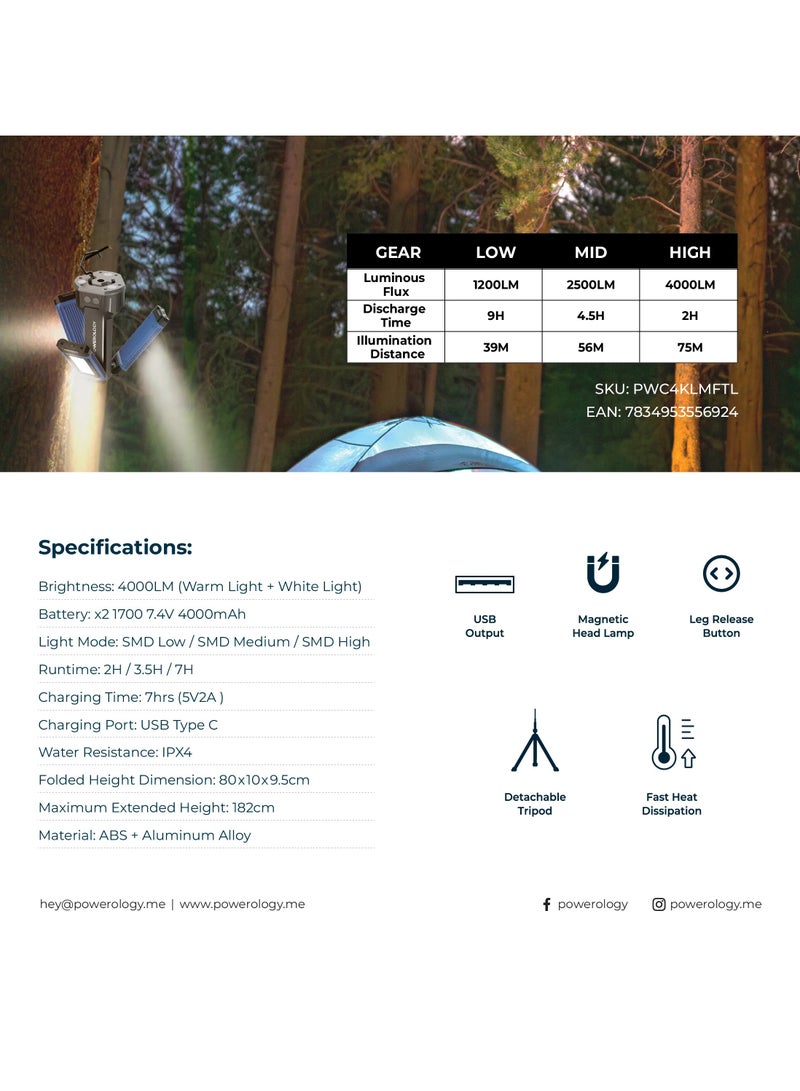 باورولوجي إضاءة تخييم 4000LM مع حامل ثلاثي قابل للفصل، سعة بطارية 4000mAh، قاعدة مغناطيسية، ارتفاع يصل إلى 182 سم، مقاومة للماء بتصنيف IPX4، أوضاع إضاءة متعددة (دافئ وأبيض)، أسود - Image 5