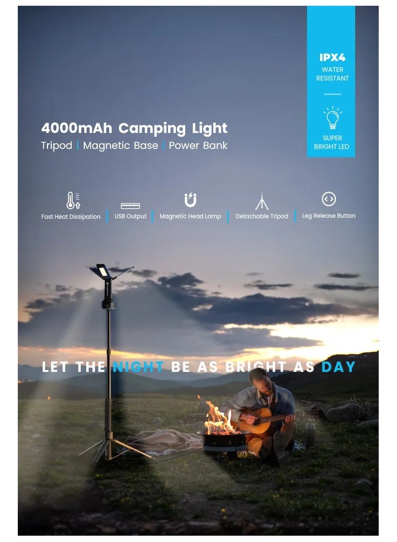 Powerology Camping Light 4000 mAh with Max Height 182 cm & Working Time 4.5H / USB Output / Detachable Tripod / Magnetic Head Lamp / Leg Release Button /  Fast Heat / Water Resistance IPX4 / Super Bright LED - Black - Image 5