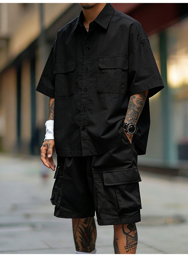 Men's 2-Piece Cargo Set Short Sleeve Button-Down Shirt and Shorts Co-ord Casual Outfit Black - Image 1