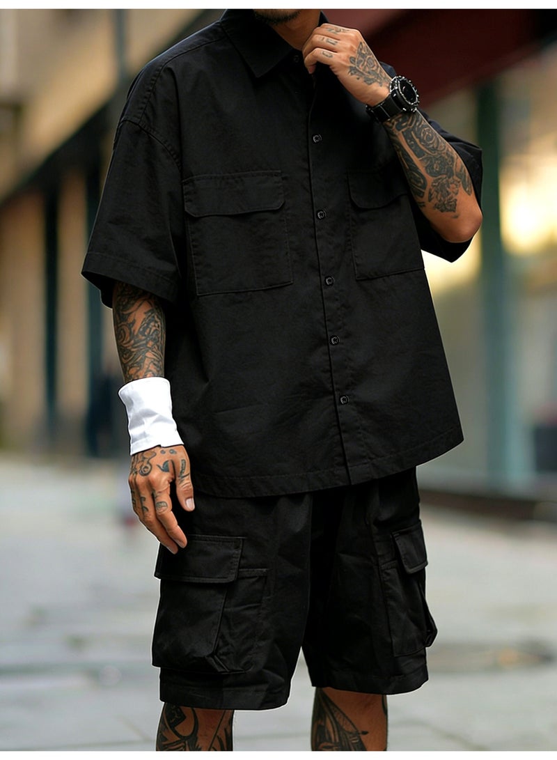 Men's 2-Piece Cargo Set Short Sleeve Button-Down Shirt and Shorts Co-ord Casual Outfit Black - Image 2