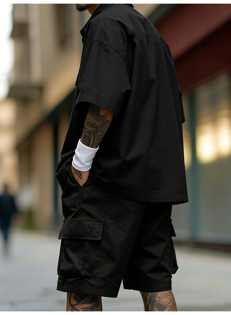 Men's 2-Piece Cargo Set Short Sleeve Button-Down Shirt and Shorts Co-ord Casual Outfit Black - Image 3