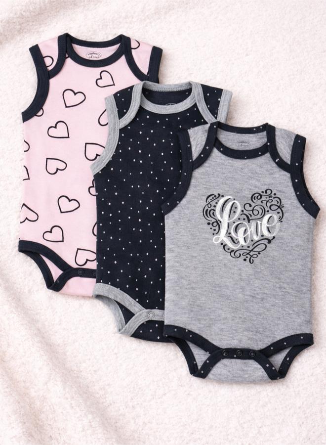 Mothers Choice Pack Of 3 -Heart Print Sleeveless Bodysuit - Image 1