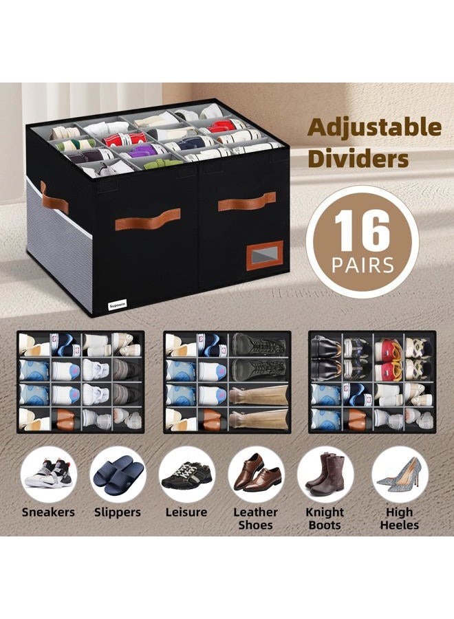 Supowin Shoe Organizer for Closet, Foldable Shoe Storage Bins with Lid & Adjustable Dividers, Fabric Shoe Box Storage Containers with Four Reinforced Handles, Fits 16 Pairs, 1 Pack, Black - Image 4