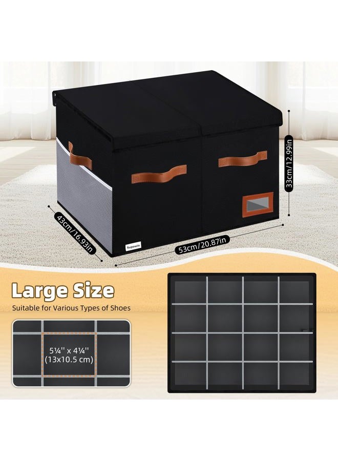Supowin Shoe Organizer for Closet, Foldable Shoe Storage Bins with Lid & Adjustable Dividers, Fabric Shoe Box Storage Containers with Four Reinforced Handles, Fits 16 Pairs, 1 Pack, Black - Image 3