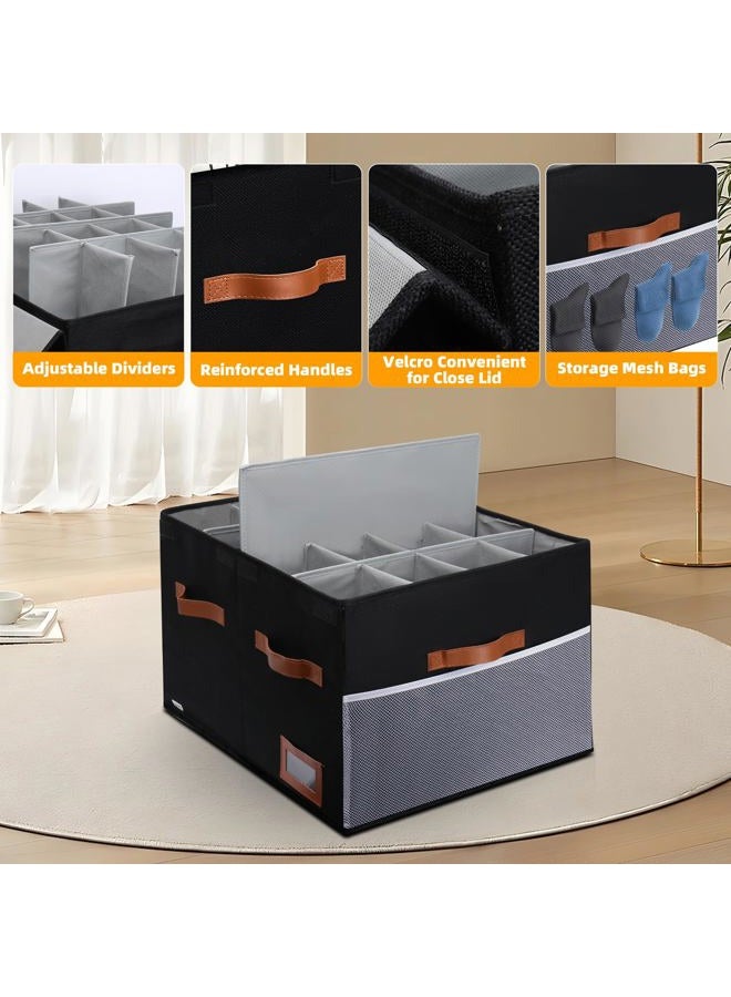 Supowin Shoe Organizer for Closet, Foldable Shoe Storage Bins with Lid & Adjustable Dividers, Fabric Shoe Box Storage Containers with Four Reinforced Handles, Fits 16 Pairs, 1 Pack, Black - Image 2
