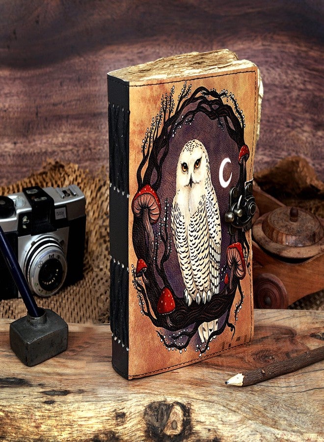 CREATIVE LEATHER ART دفتر يوميات جلدي مصنوع يدويًا بتصميم بومة - 9 × 6 بوصة، دفتر عتيق بقفل | دفتر يوميات يدوي الصنع للرجال والنساء | للسفر، الرسم، وتدوين اليوميات - Image 3