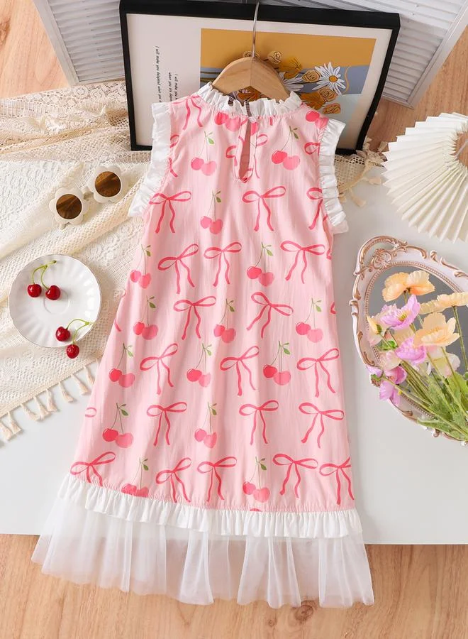 Take Two Girls Pink Bow Print Sleeveless Mesh Hem Dress