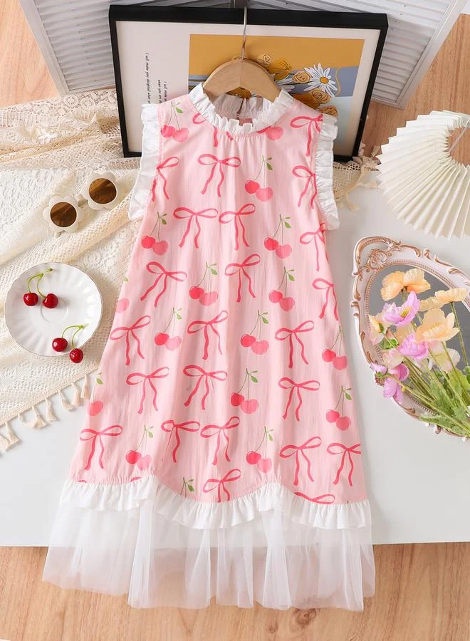 Take Two Girls Pink Bow Print Sleeveless Mesh Hem Dress
