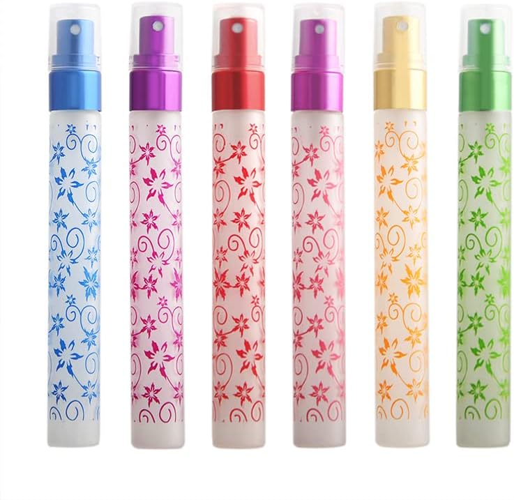 Enslz مجموعة زجاجات عطر فارغة قابلة لإعادة التعبئة 6 قطع سعة 10 مل بطباعة زهور ومضخة رذاذ سفر زجاجية ماتي