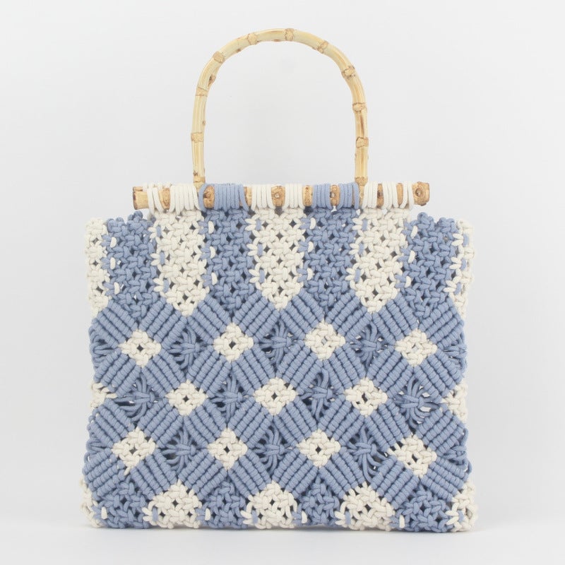 Factory direct new solid color hand woven bag trendy womens forest bamboo handlebar cotton rope beach leisure bag Blue