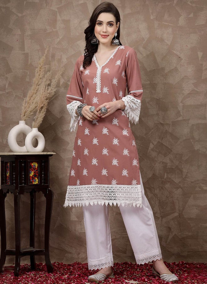 PlusS Pink Ethnic Motifs Printed Cotton A-Line Kurta for Women - Image 1