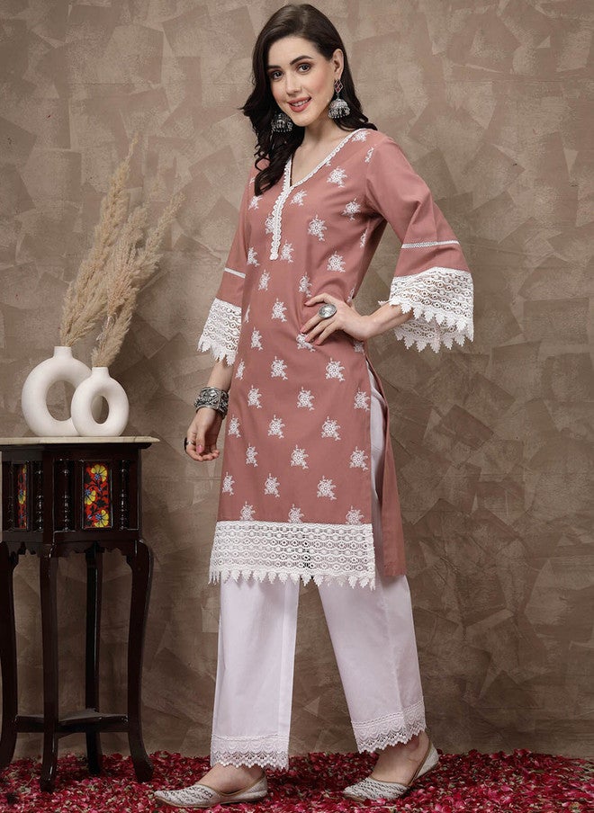 PlusS Pink Ethnic Motifs Printed Cotton A-Line Kurta for Women - Image 4