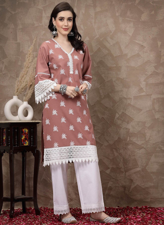PlusS Pink Ethnic Motifs Printed Cotton A-Line Kurta for Women - Image 3
