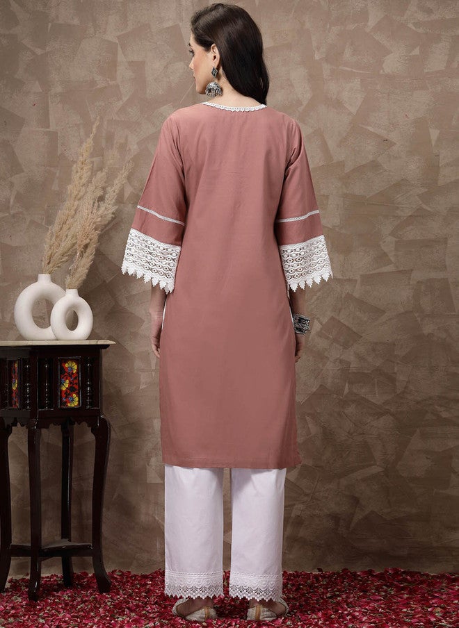 PlusS Pink Ethnic Motifs Printed Cotton A-Line Kurta for Women - Image 5