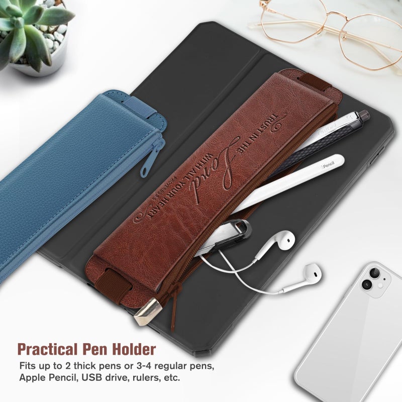 FINPAC 2-Pack Elastic Pen Holder for Notebook, Leather Pen Holder Stationery Zipper Bag for Pencils, Markers, Pen Pouch w/Elastic Band for Bible Journaling, Planners, Tablets, Brown - Image 3