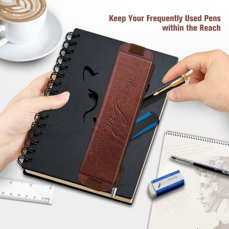 FINPAC 2-Pack Elastic Pen Holder for Notebook, Leather Pen Holder Stationery Zipper Bag for Pencils, Markers, Pen Pouch w/Elastic Band for Bible Journaling, Planners, Tablets, Brown - Image 2