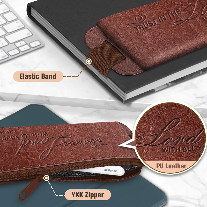 FINPAC 2-Pack Elastic Pen Holder for Notebook, Leather Pen Holder Stationery Zipper Bag for Pencils, Markers, Pen Pouch w/Elastic Band for Bible Journaling, Planners, Tablets, Brown - Image 4