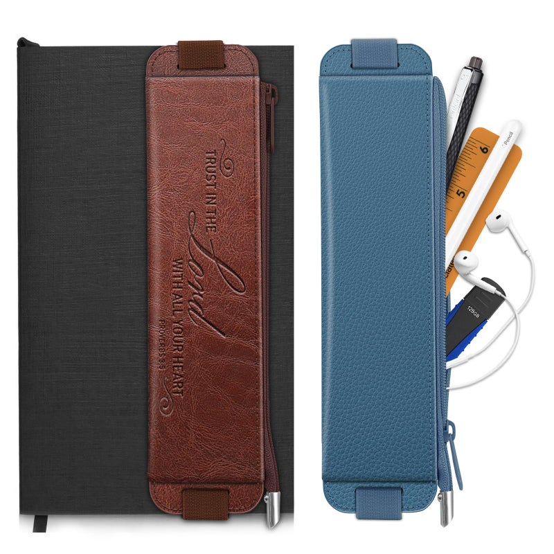 FINPAC 2-Pack Elastic Pen Holder for Notebook, Leather Pen Holder Stationery Zipper Bag for Pencils, Markers, Pen Pouch w/Elastic Band for Bible Journaling, Planners, Tablets, Brown - Image 1