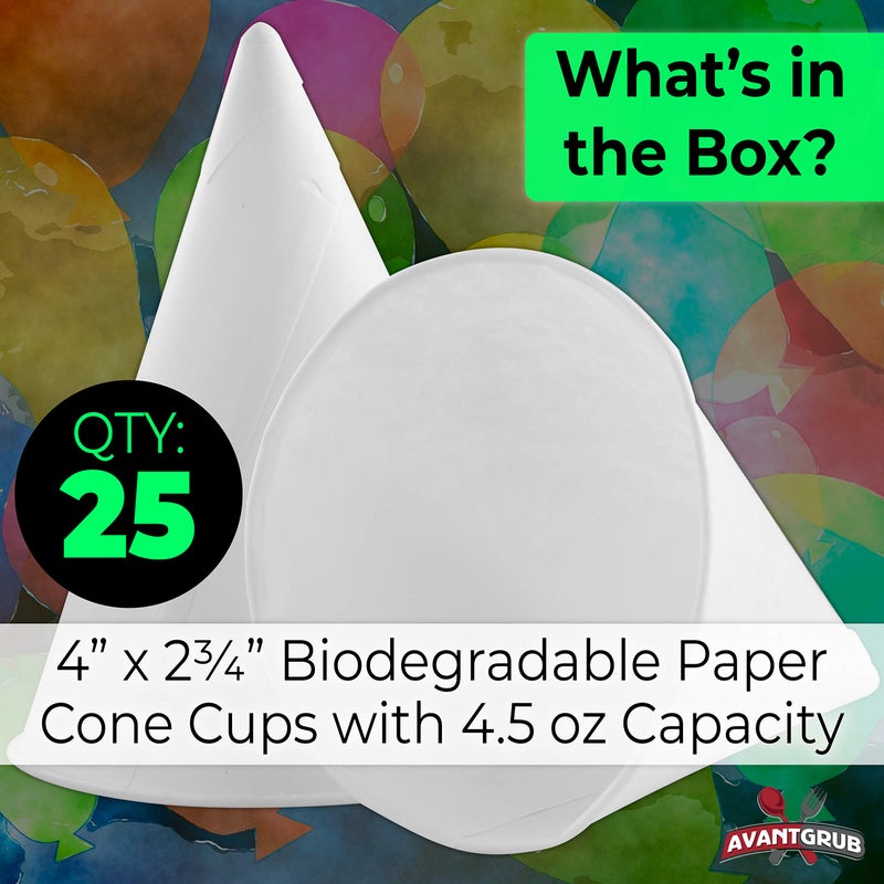 Avant Grub Eco-Friendly Wax-Free 4.5oz White Paper Cone Cups 25Pk. Small Dispenser Cup for Shaved Ice, Office Water Cooler, Sports Teams, Fundraiser. Disposable Craft Funnel for Oil or Protein Powder Drink. - Image 2