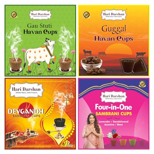 Hari Darshan Sambrani Cups Combo – 48 pcs | Sambrani Dhoop Cup | Organic Dhoop for Pooja Havan | Devgandh Cow Dung | Guggal Loban for Home & Meditation (Pack of 4, 12 Each + 1 Burner Plate) - Image 1