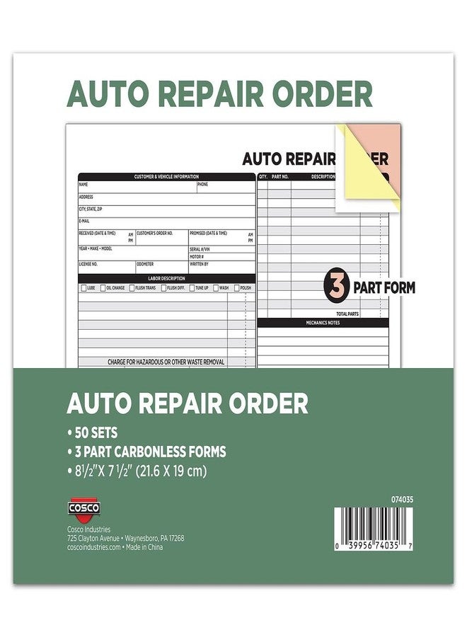 COSCO Auto Repair Order Forms, 3-Part, Carbonless, 50-Pack, White and Canary (074035) - Image 1