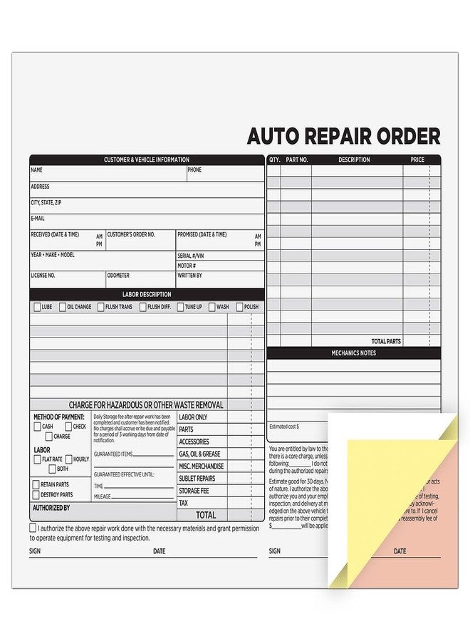 COSCO Auto Repair Order Forms, 3-Part, Carbonless, 50-Pack, White and Canary (074035) - Image 3