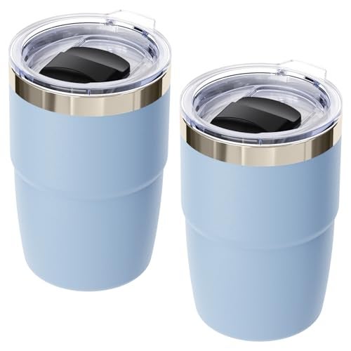 Cafezi 8 oz Small Coffee Cup with Magnetic Lid, Ceramic-Lined 18/8 Stainless Steel, Double-Wall Vacuum Insulated, Stackable, Dishwasher Safe, Mini Tumbler for On-the-Go, 2 Pack, Pastel Blue - Image 1