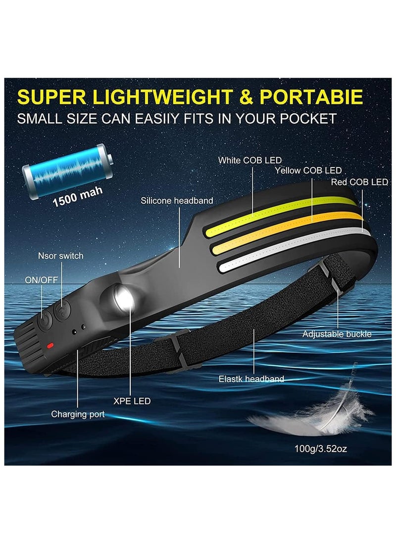 Generic Rechargeable LED Headlamp, 3 LED 1200 Lumens COB 230°Wide Beam Headlight with Motion Sensor Bright 10 Modes Lightweight Waterproof Head Lamp for Camping, Running, Hiking, Fishing  - Image 2
