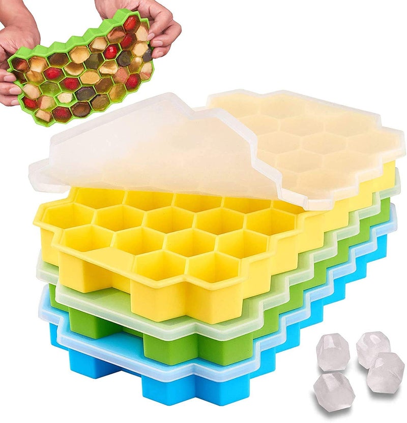 Estervig 3 Pcs Reusable Silicone Ice Cube Mould 37 Cavity Honeycomb Ice Cube Tray with Lid Flexible and Stackable Ice Molds for Freezer Whiskey Cocktails Small Cubes - Image 1