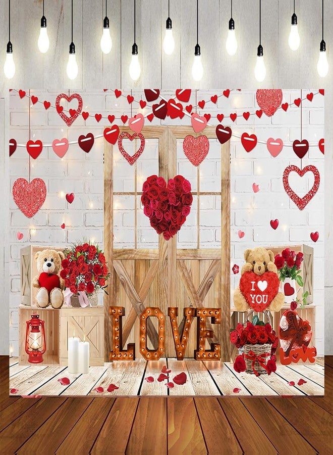LTLYH 10x8ft Valentine's Day Photography Backdrops White Brick Wall Wood Door and Red Rose Flower Love Heart Background Birthday Baby Shower Party Decorations Portrait Photo Booth 249 - Image 1
