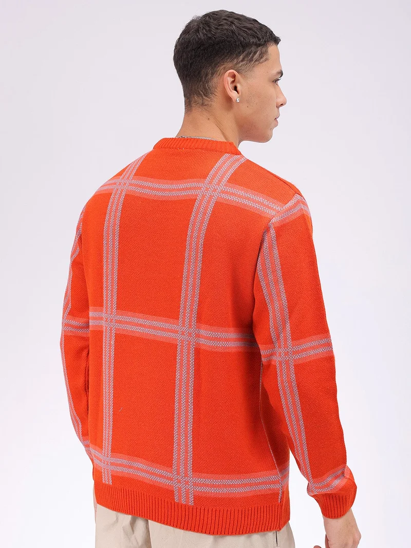 The Indian Garage Co Men Relaxed Fit Checkered Crew Neck Sweater