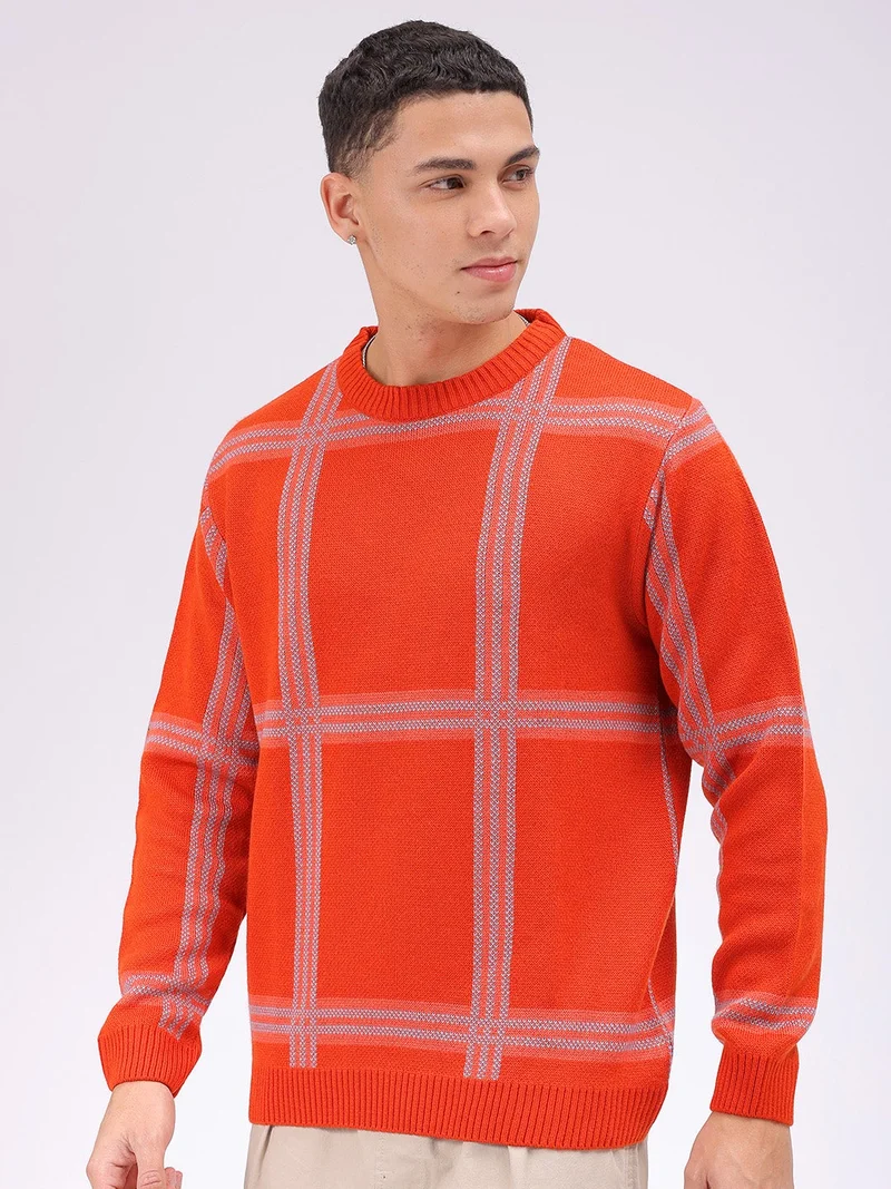 The Indian Garage Co Men Relaxed Fit Checkered Crew Neck Sweater