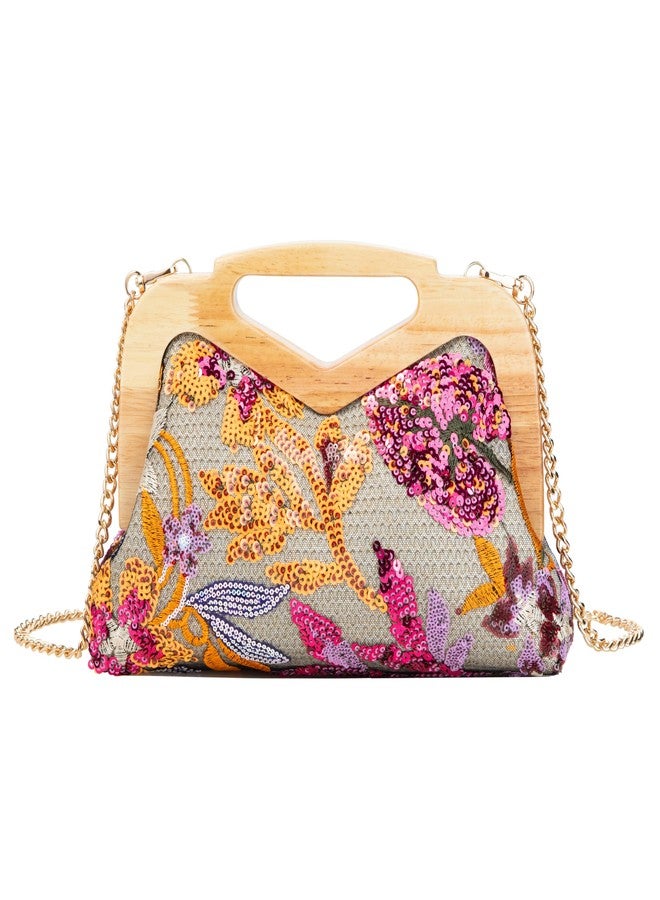 Abvokury Wooden Handle Sequin Embroidered Floral Handbag with Detachable Strap Evening Bag for Wedding Party (Yellow) - Image 1