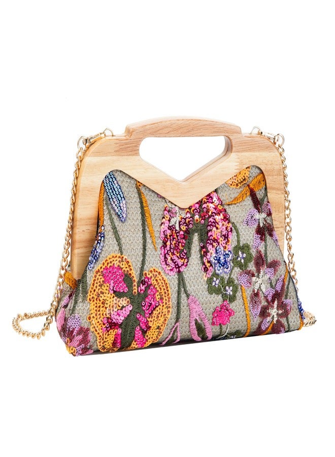 Abvokury Wooden Handle Sequin Embroidered Floral Handbag with Detachable Strap Evening Bag for Wedding Party (Yellow) - Image 2