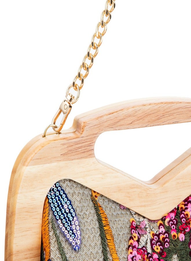 Abvokury Wooden Handle Sequin Embroidered Floral Handbag with Detachable Strap Evening Bag for Wedding Party (Yellow) - Image 3