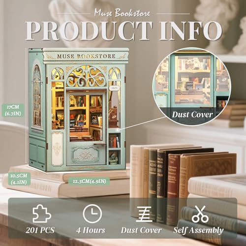 Cutefun Book Nook Kit DIY Miniature Dollhouse Kit 3D Creative Decorative Bookend 3D Wooden Puzzle for Adults Bookshelf Insert Library Decor with LED Light Muse Bookstore - Image 5