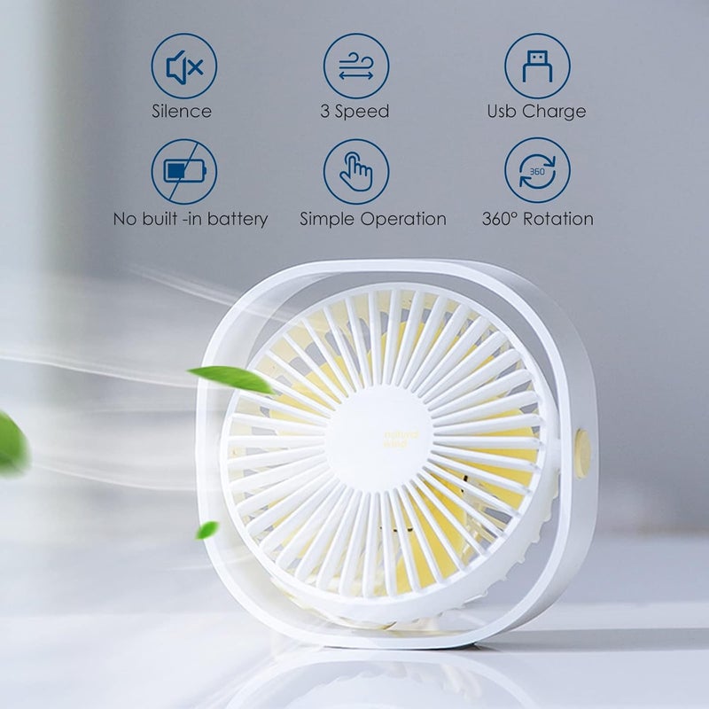 Simpeak Small USB Fan Small Quiet Portable USB Powered ONLY (No Battery), Cooling 3 Speed Setting 360° Adjustable Swivel Desktop Personal Fan for Home Office Bedroom Outdoor Travel Summer (White) - Image 2