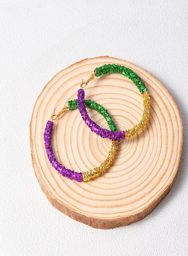 RareLove Lightweight Purple Yellow Green Mardi Gras Hoop Earrings for Women Big Size Mardi Gras Costume Jewelry Accessories - Image 3