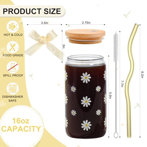 KMCCUMBER Cute Glass Cups with Lids and Straws, Teen Girl Birthday Gifts Daisy Iced Coffee Cup, Beige Aesthetic Mug Tumbler for Birthday Mothers Day Christmas Valentines Coffee Lover 16oz - Image 4