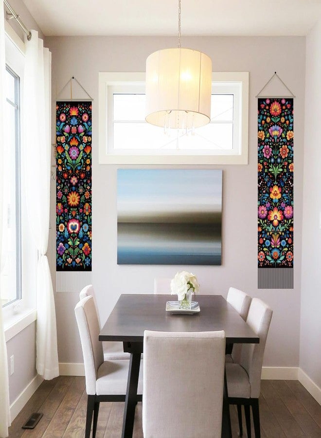 AHANDMAKER 2Pcs Folk Art Floral Tapestry, Colorful Long Vertical Wall Hanging, Vintage Flower Tassel Botanical Aesthetic for Bedroom Living Room, 45.7x13Inch - Image 2