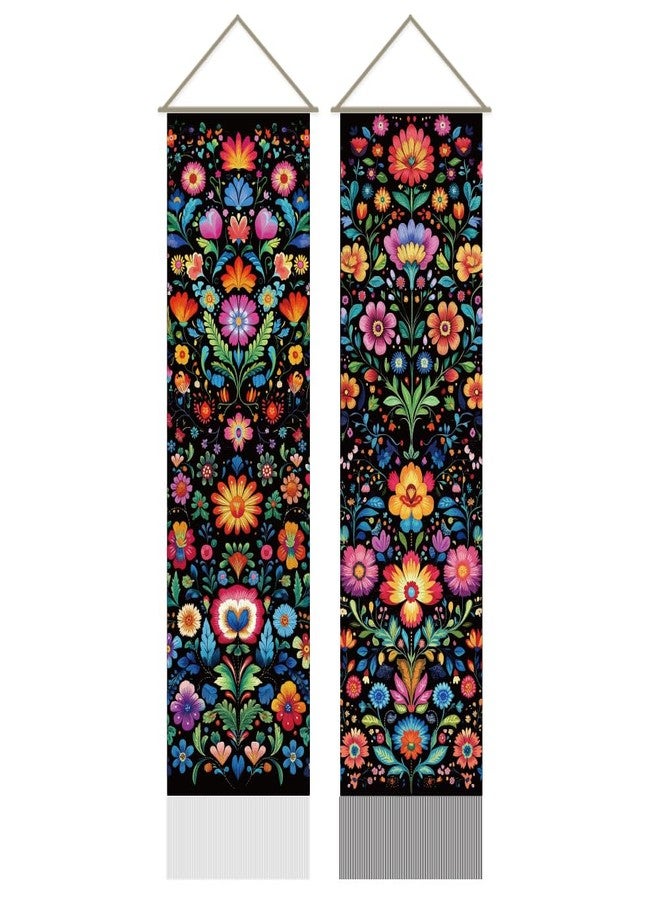 AHANDMAKER 2Pcs Folk Art Floral Tapestry, Colorful Long Vertical Wall Hanging, Vintage Flower Tassel Botanical Aesthetic for Bedroom Living Room, 45.7x13Inch - Image 1