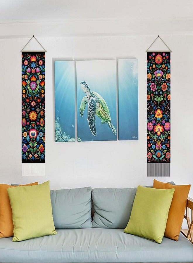 AHANDMAKER 2Pcs Folk Art Floral Tapestry, Colorful Long Vertical Wall Hanging, Vintage Flower Tassel Botanical Aesthetic for Bedroom Living Room, 45.7x13Inch - Image 5