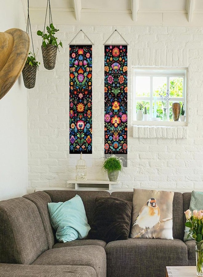 AHANDMAKER 2Pcs Folk Art Floral Tapestry, Colorful Long Vertical Wall Hanging, Vintage Flower Tassel Botanical Aesthetic for Bedroom Living Room, 45.7x13Inch - Image 4