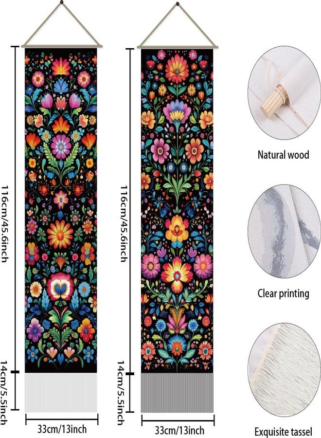 AHANDMAKER 2Pcs Folk Art Floral Tapestry, Colorful Long Vertical Wall Hanging, Vintage Flower Tassel Botanical Aesthetic for Bedroom Living Room, 45.7x13Inch - Image 3