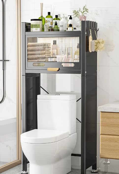 Abhsant 2 Tier Laundry Storage Rack, Above Toilet Bathroom Organizer, freestanding Bathroom Organizer with Two Shelves and Glass Door (AB-03) - Image 2