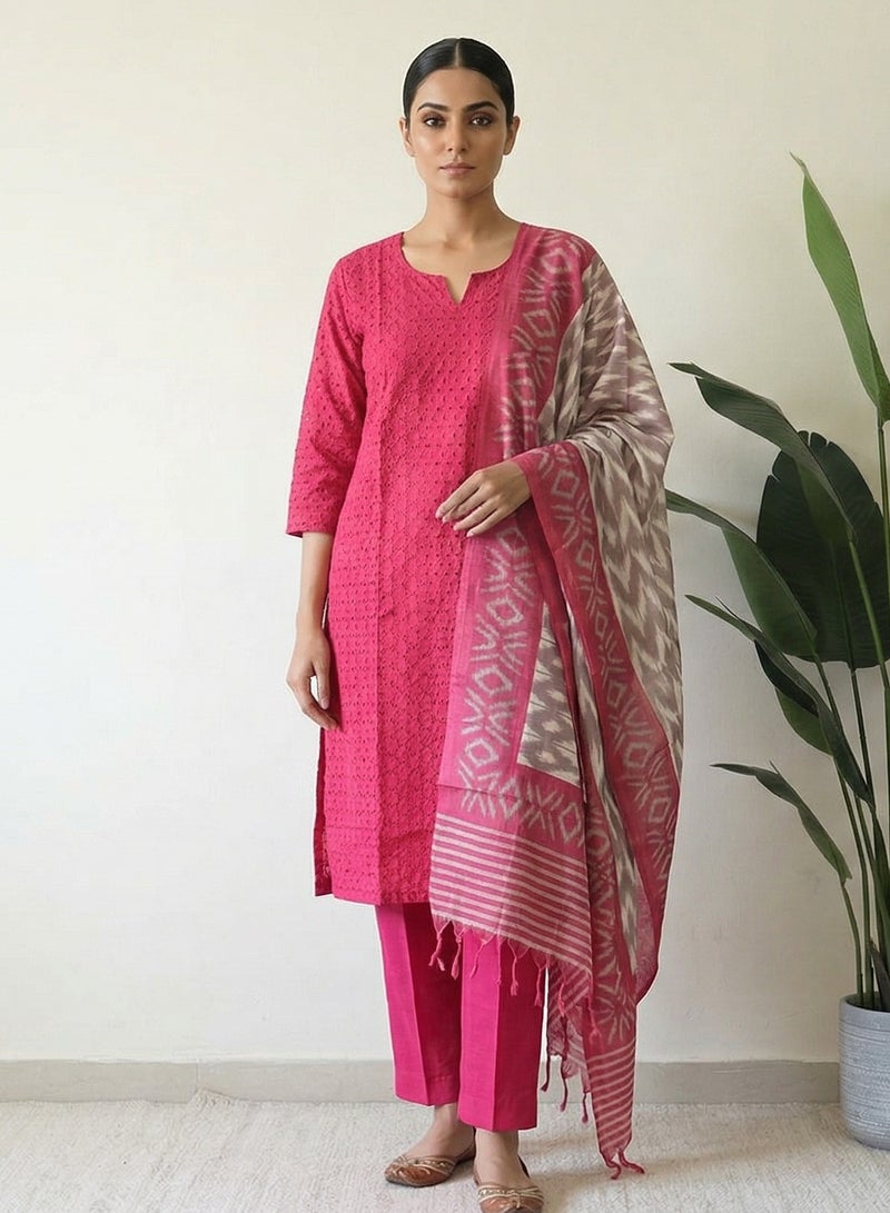 THUGFIT HAKOBA COTTON CHURIDAR SET WITH IKKATE PRINT BLEND DUPETTA - Image 1