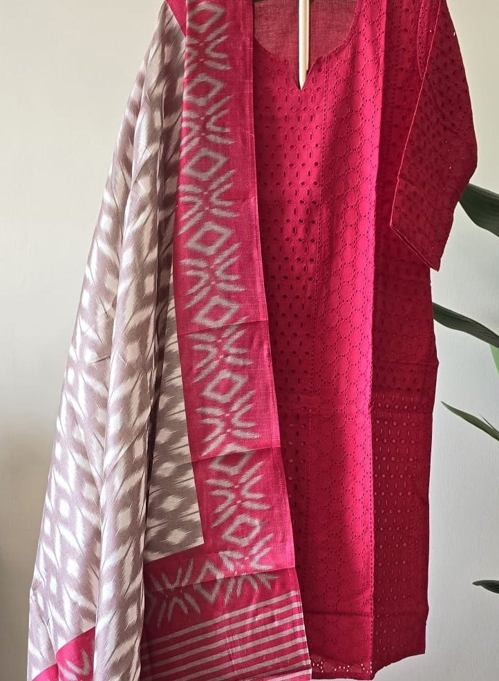 THUGFIT HAKOBA COTTON CHURIDAR SET WITH IKKATE PRINT BLEND DUPETTA - Image 3