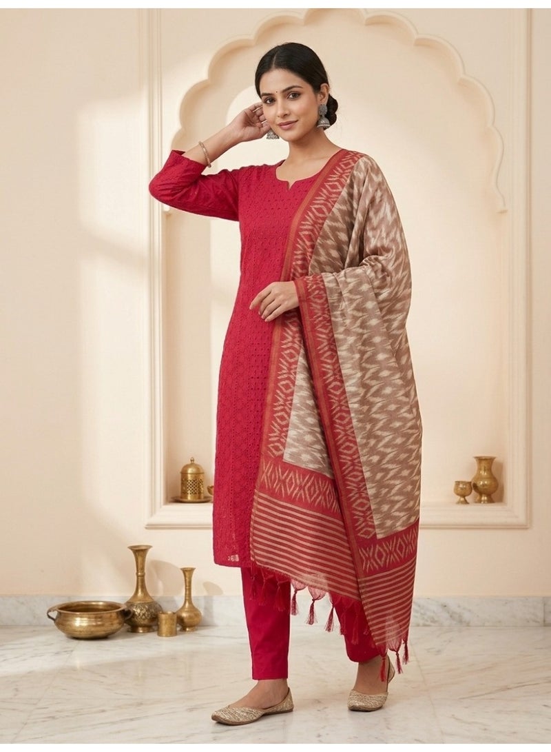 THUGFIT HAKOBA COTTON CHURIDAR SET WITH IKKATE PRINT BLEND DUPETTA - Image 4