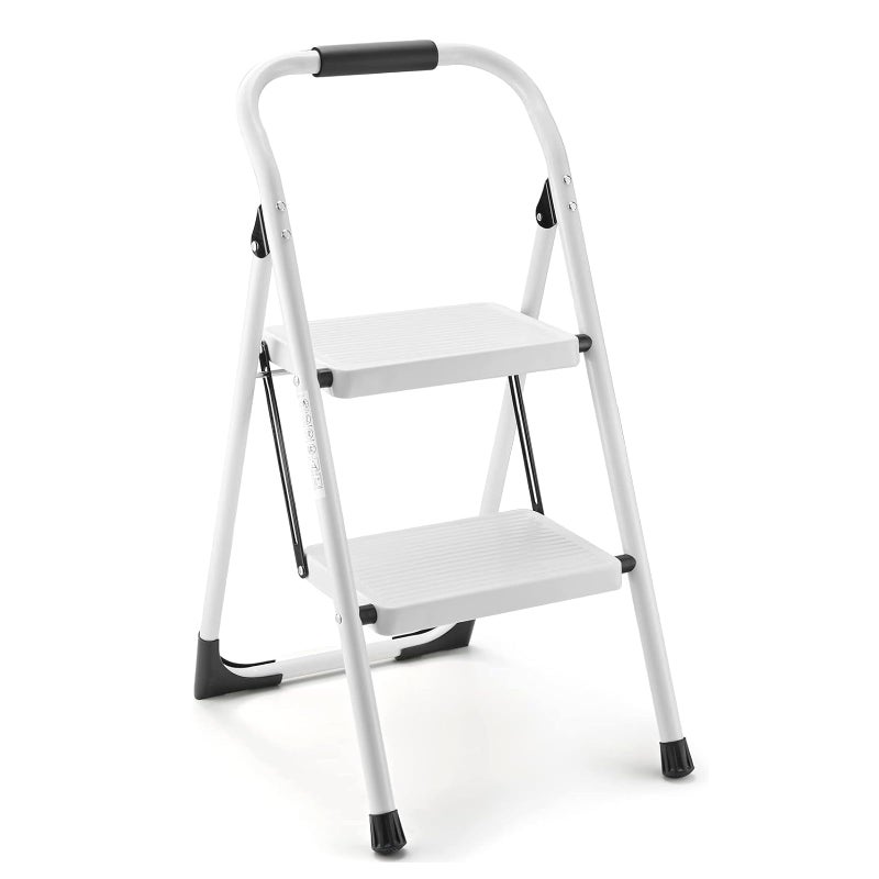 ASPERLAD Step Stool for Adults,2 Step Ladder Folding 330lbs Anti Slip Step Stool,Foldable Ergonomic 2 Steel Stool with Wide Pedal for Home, Kitchen, Office (White) - Image 1